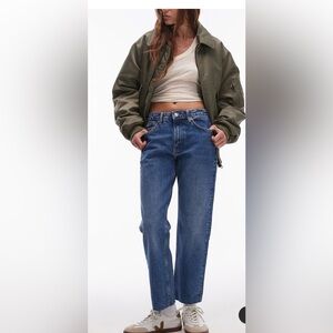 Topshop Dark Blue mid rise straight jeans with frayed hem